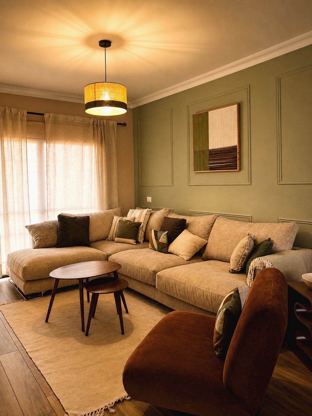 Salón en tonos verde salvia, con sofá en L, sillón terracota y cuadro tejido